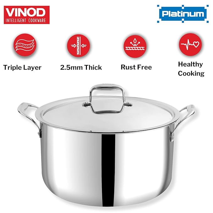 Vinod Platinum Triply Stainless Steel Biryani Pot with Lid - 11 Litre, 30 cm | Heavy Bottom | Riveted Handle| Cooking Pot