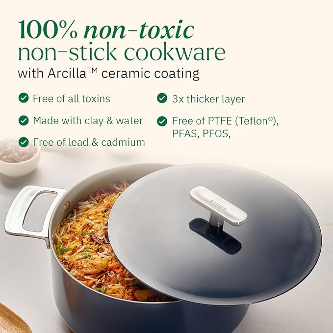 Ember Cookware Arcilla Ceramic Non Stick Dutch Oven 24cm | Metallic Lid | Stainless Steel Handles | Non Toxic Biryani Pot | Terracotta
