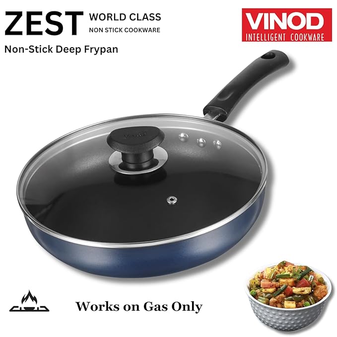 Vinod Zest Aluminium Non Stick Deep Frypan with Glass Lid - 24 cm | 3 Layer Ceramic Coating | 3 mm Extra Thick