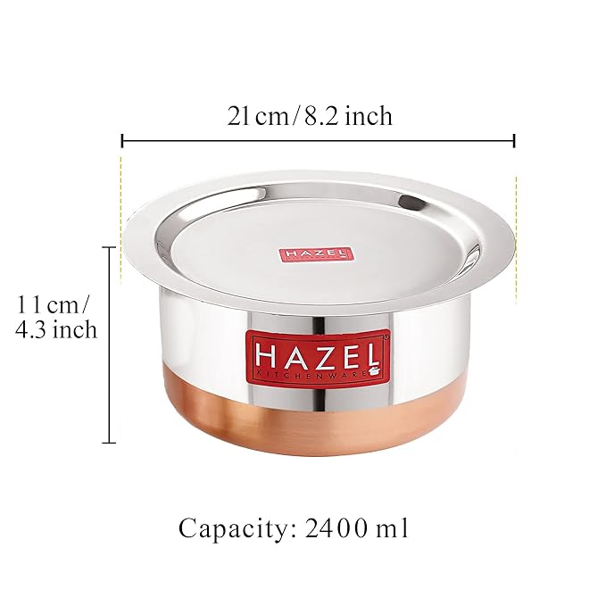 Hazel Steel Copper Bottom Tope with Lid 2400 ml Copper Bottom Vessels for Cooking Copper Bottom