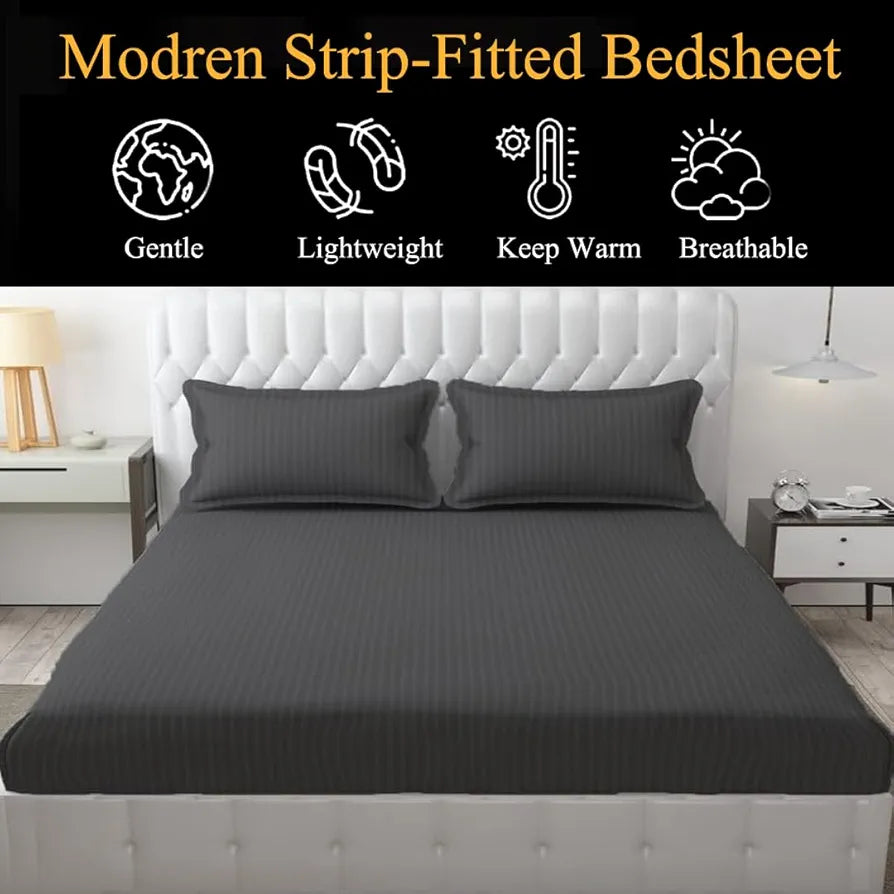 Fresh From Loom 240 TC Satin Striped Soft Fitted Bedsheet King Size Bed with Two Pillow Cover Grey