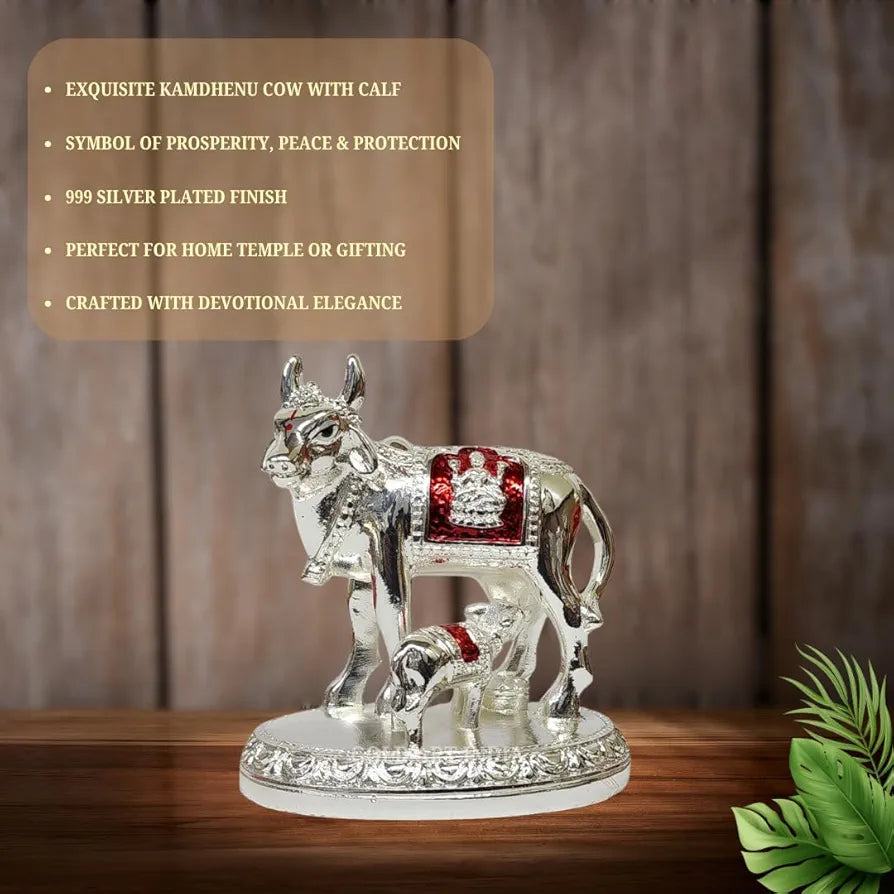 Gold Art India Kamdhenu Cow and Calf Idol with Red Accents Shiny Silver Finish | 7.62 cm