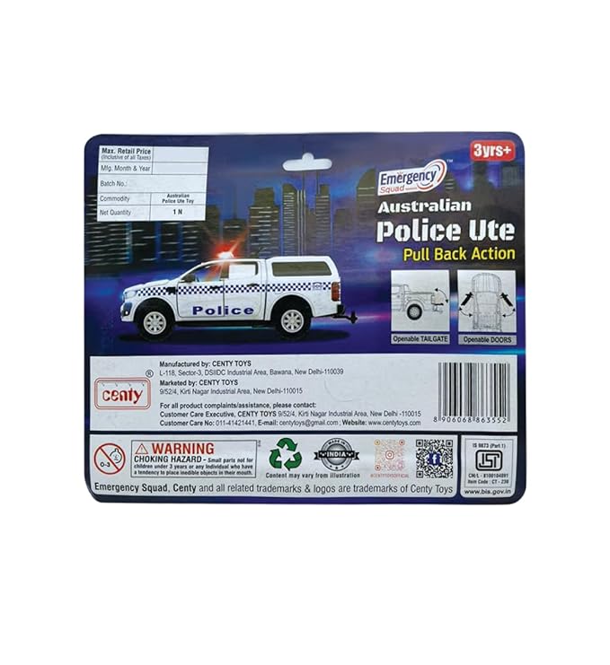 Centy Australian Police UTE Pull Back Police Toy Car with Door Openable for 3Y+ White-Blue Colour