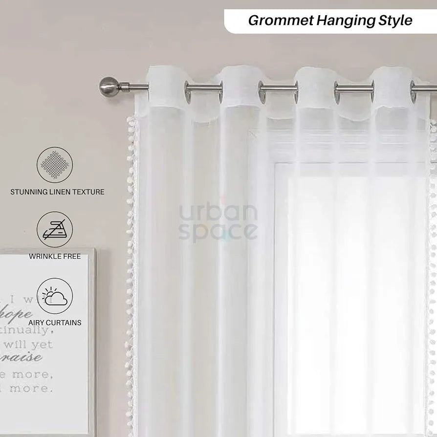 Urban Space Linen Textured Sheer Curtain for Door Living Room Room Darkening, Decorative Curtains with Eyelets, Set of 2 Curtains White Colour
