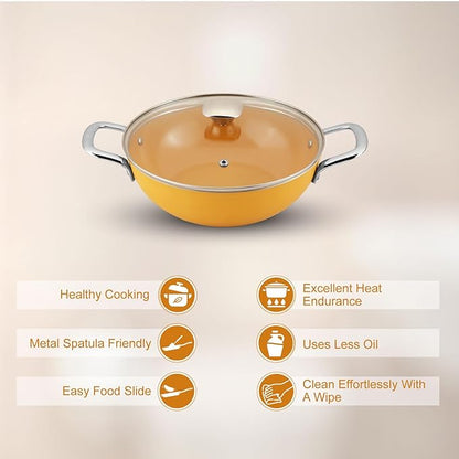 Salford Forged Ceramic Non-stick Kadai With Glass Lid & Tubular Ss Handle | Mustard Yellow | 240mm | 2.5 Litre