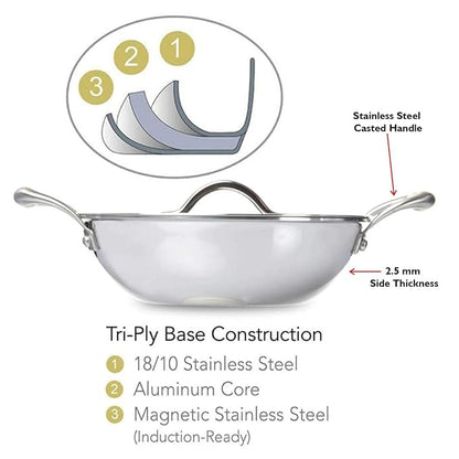 Fackelmann Triply Stainless Steel Kadai with Designer Lid 24 cm 2.50 litres Silver
