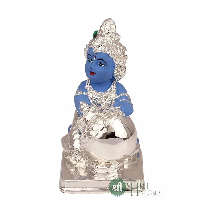 Indicast Hand Carved Silver Plated Laddu Gopal Lord Krishna Idol Sculpture Statue for Home and Office Decor & Gifts