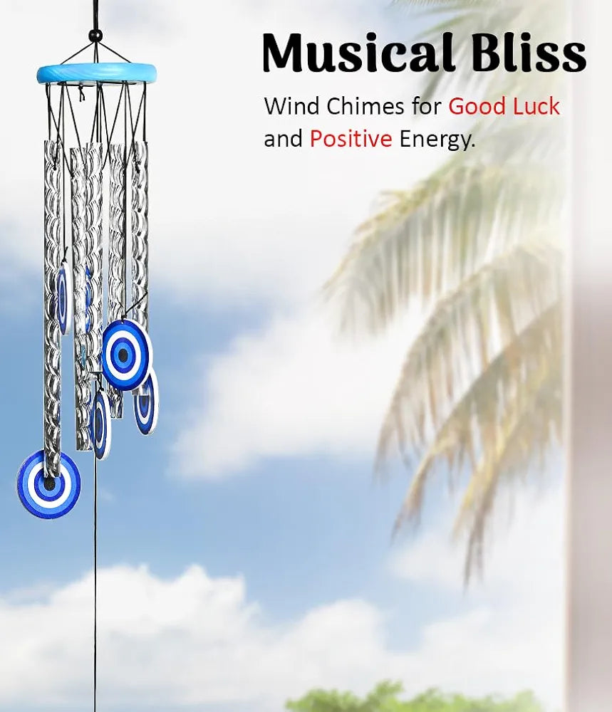 Evil Eye Wind Chimes for Living Room and Bedroom Silver 5-Pipe Wind Chime -013