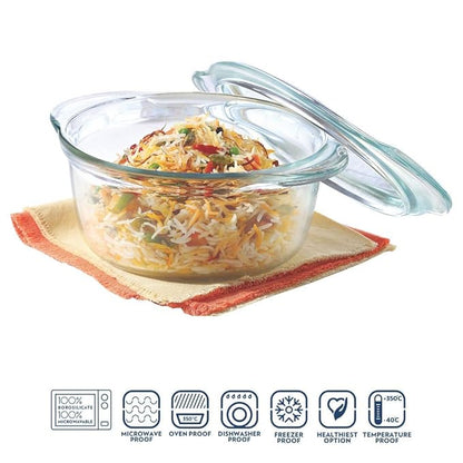 Borosil Glass Casserole Deep Round Oven and Microwave Safe Serving Bowl With Glass Lid | 2.5 Litres | 1 Piece Deep Round Casserole | Transparent