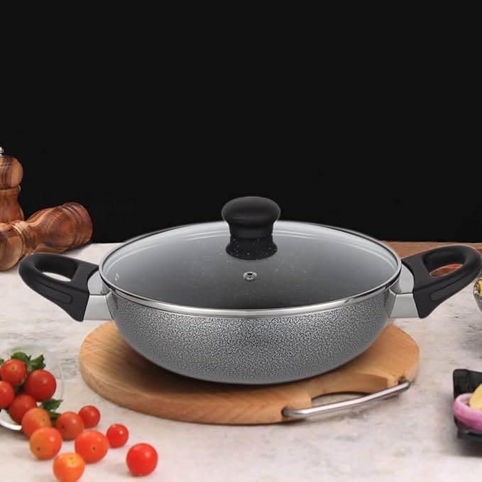 Fackelmann Granite Non- Stick Kadai with Lid 24 cm Grey Colour