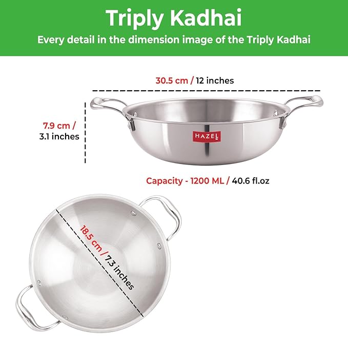 Hazel Triply Stainless Steel Cookware I Triply Kadai Steel 1.2 litres I Induction Bottom Triply Cookware