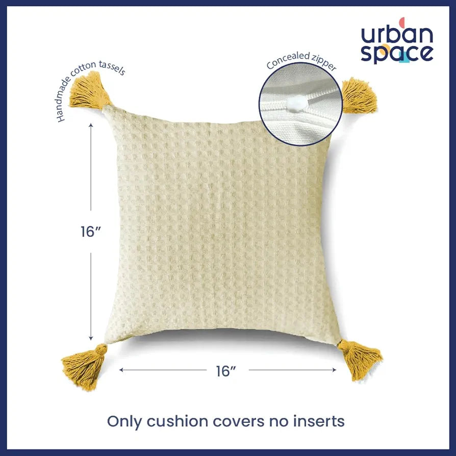 Urban Space Waffle Cotton Cushion Cover Set of 2 Cushion Covers for Sofa, Bedroom, Living Room Waffle Beige