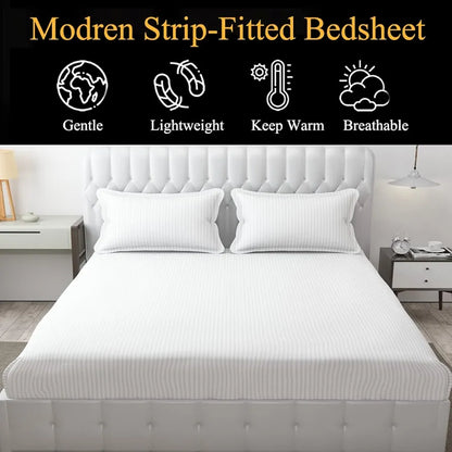 Fresh From Loom 240 TC Satin Striped Soft Bed Covers King Size Bed with Two Pillow Cover Elastic Bedsheet White