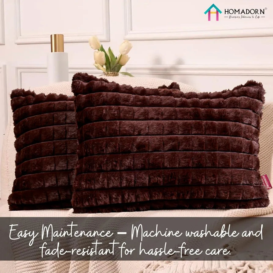 Homadorn Luxury Plush Fur Reversible Cushion Cover Ultra Soft & Cozy Brown