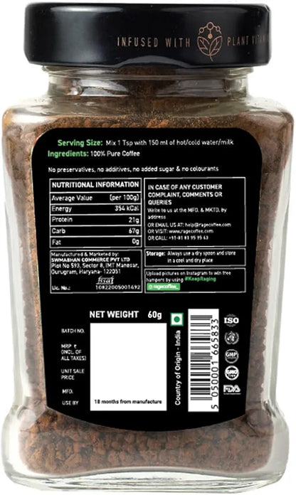 Rage Coffee Premium Silk Blend Classic Coffee Powder - 60g of 100% Pure Arabica Beans | Fuel Your Day with Plant-Based Vitamin Instant Coffee Powder for Enhanced Fitness, Energy, and Focus | Hot and Cold Coffee