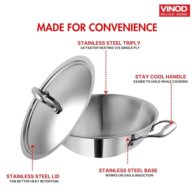 Vinod Platinum Triply Stainless Steel Cookware Kadai With Lid | 3.2 Litres | 26 Cm | 2.5 Mm Thick | 3 Layer Kadhai
