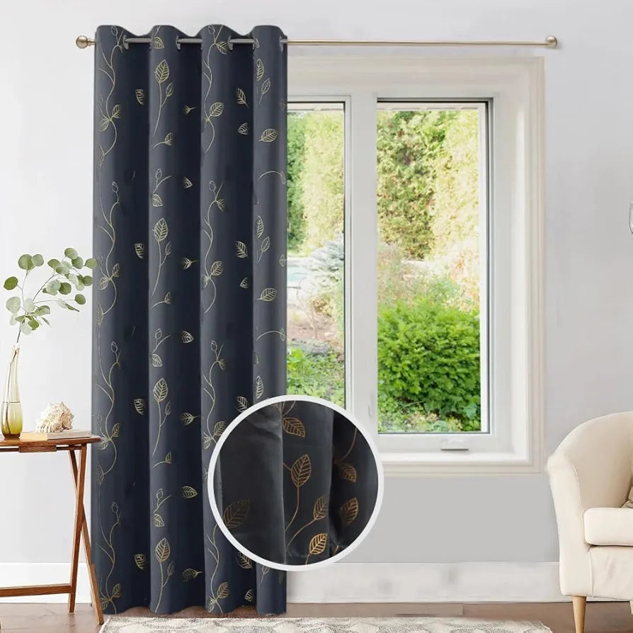 Urban Space Blackout Curtains for Living Room, Gold Foil Printed Luxurious Blackout Decorative Curtains Eyelet with Tieback, 1 Piece, Leaf Grey
