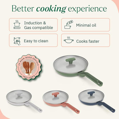 Ember Cookware Arcilla Ceramic Non-stick Egg Pan 20cm | Glass Lid | Matching Handle | Florence Series | Green