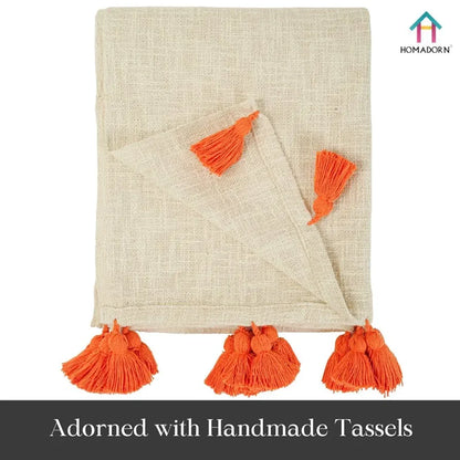 Homadorn 100% Cotton Off White Throw Blanket with Handmade Colorful Tassel Colour Orange