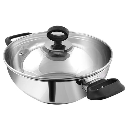 Vinod Stainless Steel Deluxe Kadhai with Glass Lid - 1.5 Litre, 20cm | Extra Thick, SAS Bottom | Soft Handle | Kadai for Cooking