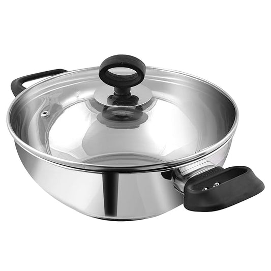 Vinod Stainless Steel Deluxe Kadhai with Glass Lid - 1.5 Litre, 20cm | Extra Thick, SAS Bottom | Soft Handle | Kadai for Cooking
