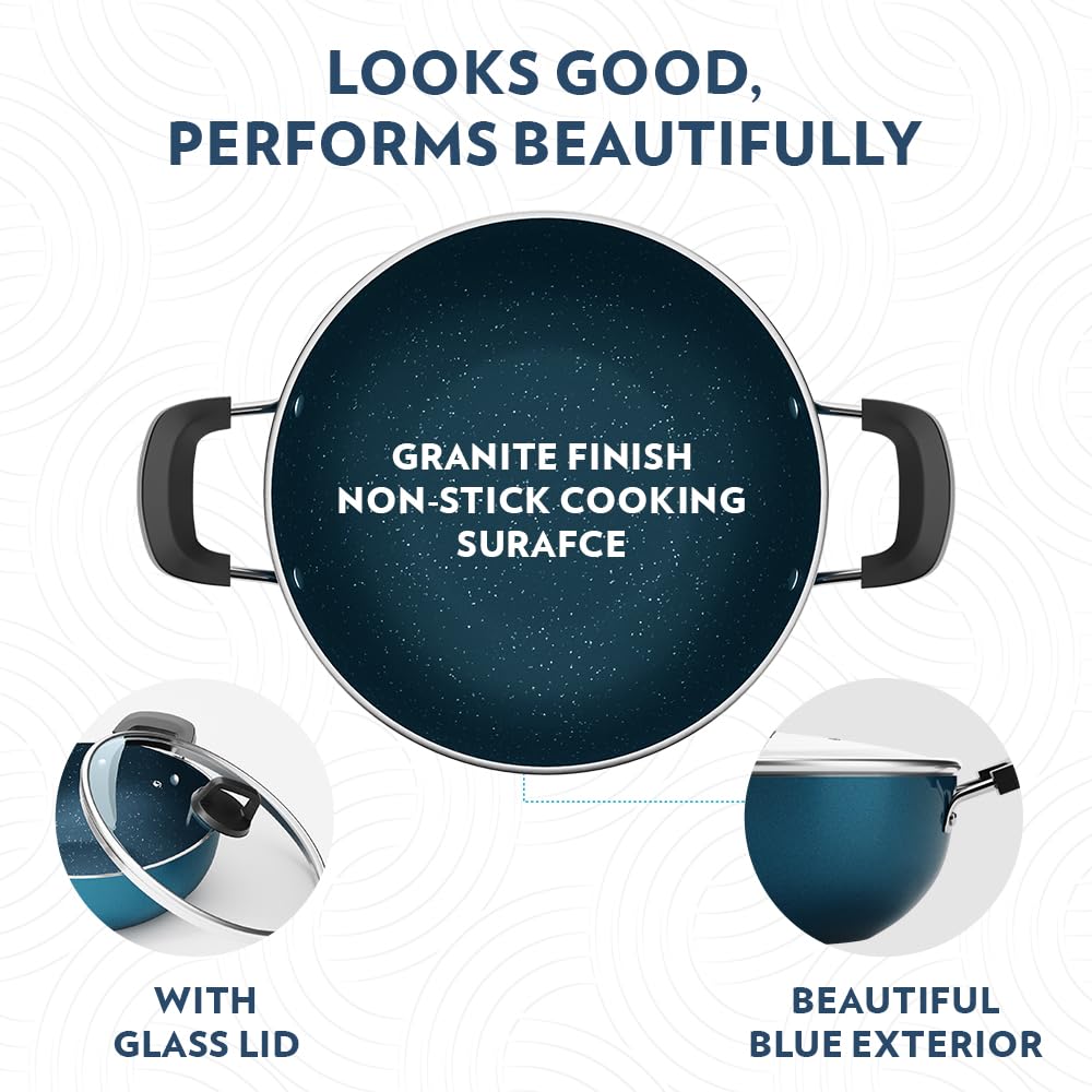 Borosil Prochef Non-stick Aluminum Kadhai With Lid 24 Cm | Gas Stove Compatible | Thick Uniform Body for Even Heating | Dishwasher Safe