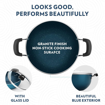 Borosil Prochef Non-stick Aluminum Kadhai With Lid 22 Cm | Gas Stove Compatible, Thick Uniform Body for Even Heating, Dishwasher Safe | 5 Layer Nonstick Coating