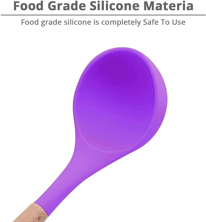 Woodtula Silicone Soup Ladle Spatula with Wooden Handle Non-Stick Kitchen Utensil Tools Purple