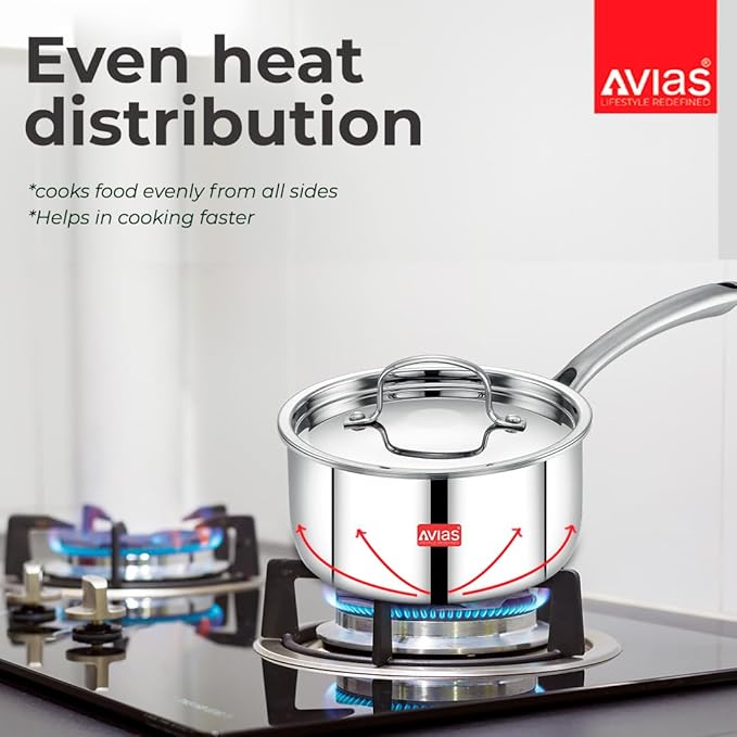 Avias Riara Triply Saucepan with Lid 14cm Stainless Steel Sauce Pan Triply Tea Pan 2.5 mm Thickness