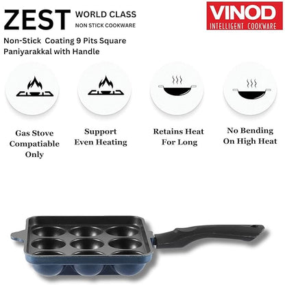 Vinod Aluminium Non Stick Kuzhi Paniyaram Pan | 9 Cups | 17.5cm | Paniyarakal | Appe Pan | Appam Patra | 3mm Thick | 3 Ply | Metal Spoon