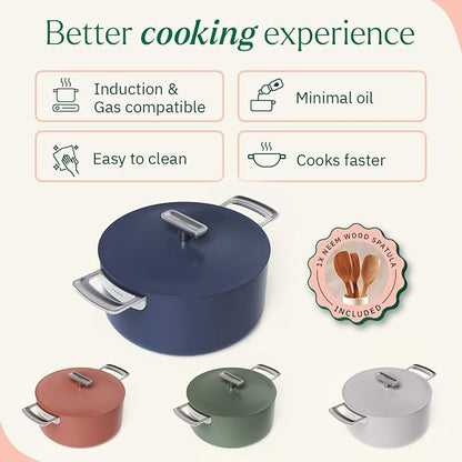 Ember Cookware Arcilla Ceramic Non Stick Dutch Oven 24cm | Metallic Lid | Stainless Steel Handles | Non Toxic Biryani Pot | Blue