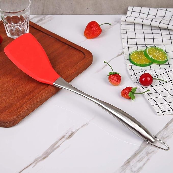 P-Plus International Silicone Spatula Versatile Tools Baking and Mixing Non-Stick Steel Plain Slotted Red
