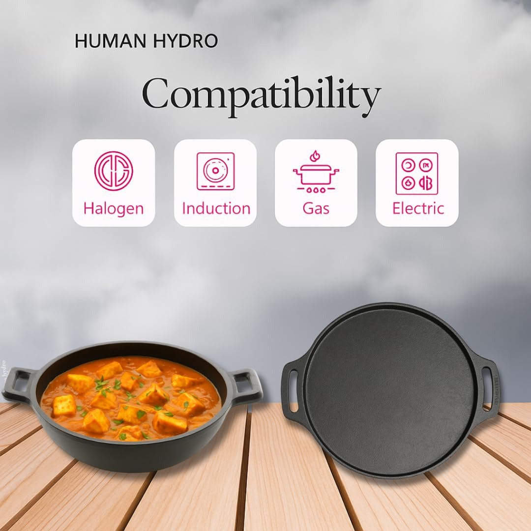 Human Hydro Pre-Seasoned Cast Iron Cookware Combo — Tawa 30cm + Kadai 25cm Naturally Nonstick Induction Gas