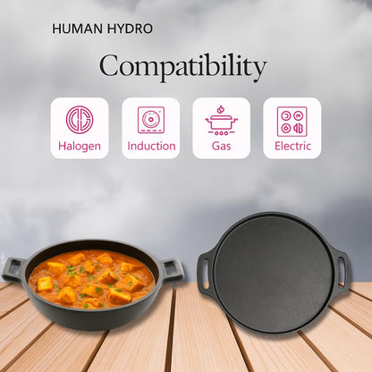 Human Hydro Pre-Seasoned Cast Iron Cookware Combo — Tawa 30cm + Kadai 25cm Naturally Nonstick Induction Gas