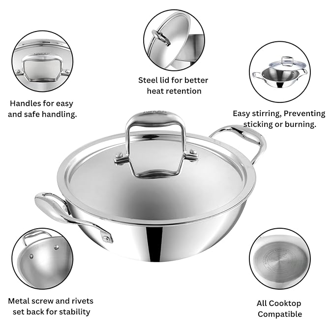 Vinod Platinum Triply Stainless Steel Extra Deep Kadhai With Lid 1.2 Litre | 18 Cm | 2.5mm Thick | Kadai for Cooking