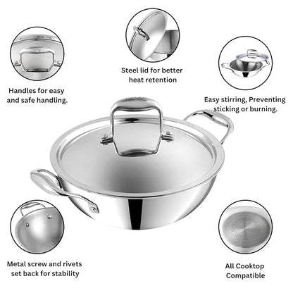 Vinod Platinum Triply Stainless Steel Extra Deep Kadai with Lid 2.5 Litre (22 cm) | 2.5mm Thick | Stainless Steel Cookware