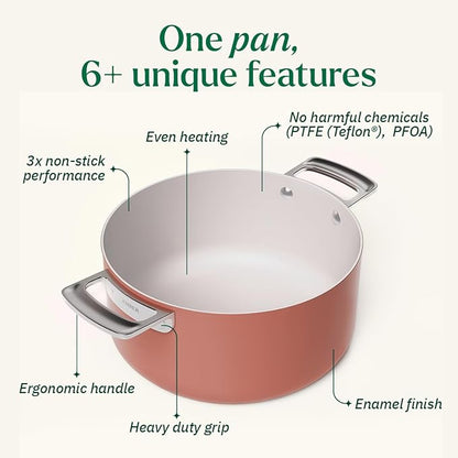 Ember Cookware Arcilla Ceramic Non Stick Dutch Oven 24cm | Metallic Lid | Stainless Steel Handles | Non Toxic Biryani Pot | Terracotta
