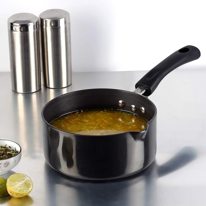 Vinod Black Pearl Hard Anodised Saucepan 2.3 litres | 18cm | 3.25mm Thick | Metal Spoon Friendly | Ezee Pour Spout