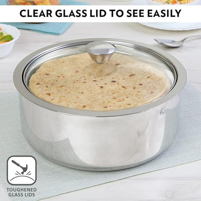 Borosil 2.5 L Stainless Steel Insulated Roti Server | Odur Proof, Food Grade, Toughned Glass Lid, Puf Insulated | Chapati Casserole