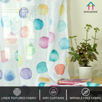 Homadorn Linen Sheer Printed Semi Transparent Curtains for Window Set of 2 Rainbow Circles