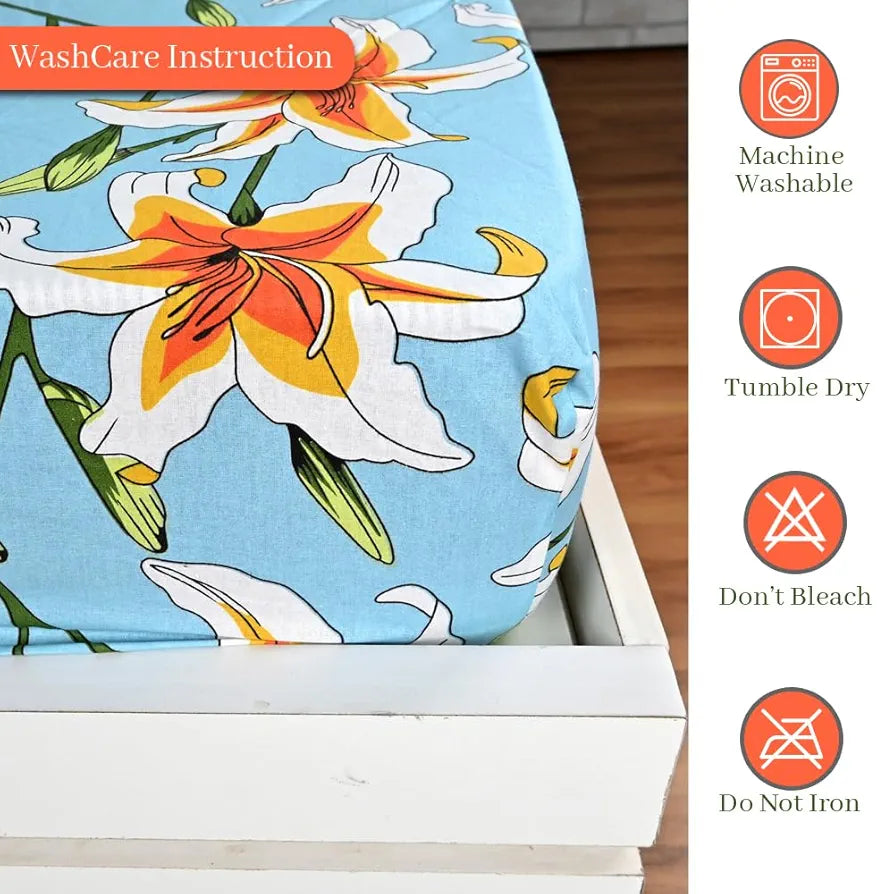 Divine Casa Floret 100% Cotton King Fitted Bedsheet 144 TC Deep Pocket Design Soft & Breathable Fabric Colour Wildflower Charm
