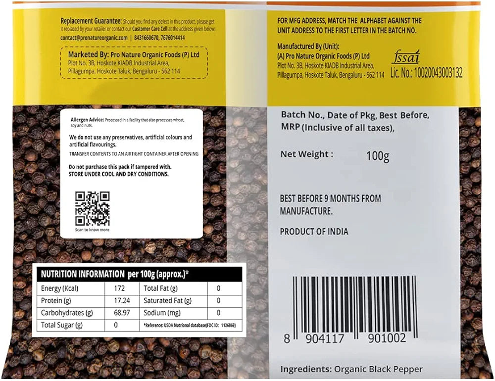 Pro Nature Organic Spices - Black Pepper Whole, 100 grams Pouch