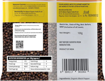 Pro Nature Organic Spices - Black Pepper Whole, 100 grams Pouch