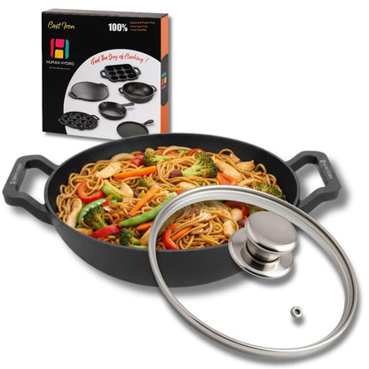 Human Hydro Pre-Seasoned Cast Iron Kadai 23cm 1.3L Flat Bottom Induction Gas with Wooden Flip Spatula