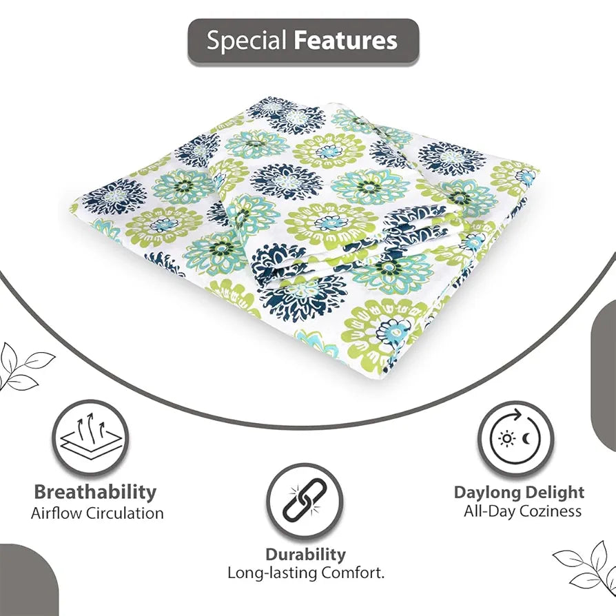 Divine Casa 100% Cotton Bedsheet for Single Bed, 144 TC Bedsheet Single Size Bed Cotton with 1 Pillow Cover Colour Green Blue