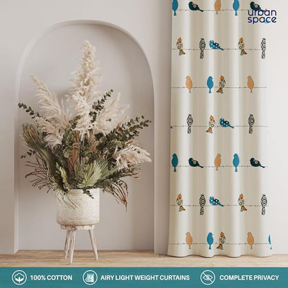 Urban Space Cotton Curtains for Door Set of 2 Curtains with Stainless Steel Rings (Colour Humming Bird Blue)