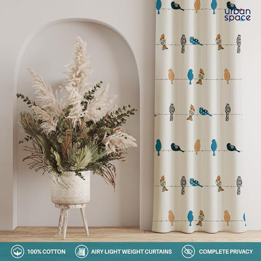 Urban Space Cotton Curtains for Door Set of 2 Curtains with Stainless Steel Rings (Colour Humming Bird Blue)