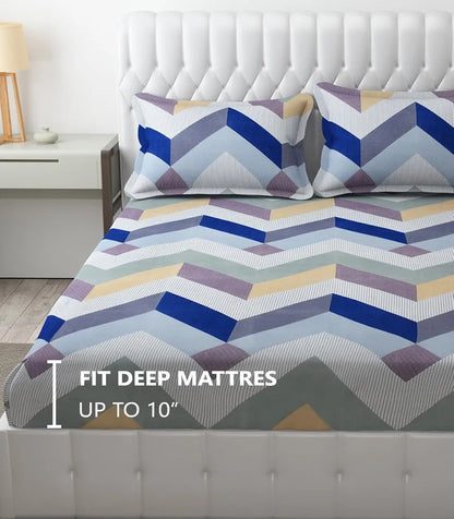 Fresh From Loom Soft Microfiber Fitted Floral Bedsheet King Size Bed With Two Pillow Cover Elastic Fitted 144 Tc Blue Grey