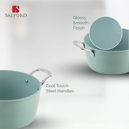 Salford Forged Ceramic Casserole With Glass Lid & Tubular Ss Handle | Induction & Gas Ready | Green | 240mm | 4.4 Litre