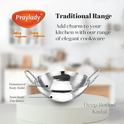 Praylady Stainless Steel Kadai with Handle Traditional Series 2mm Capacity 1 Litre Silver